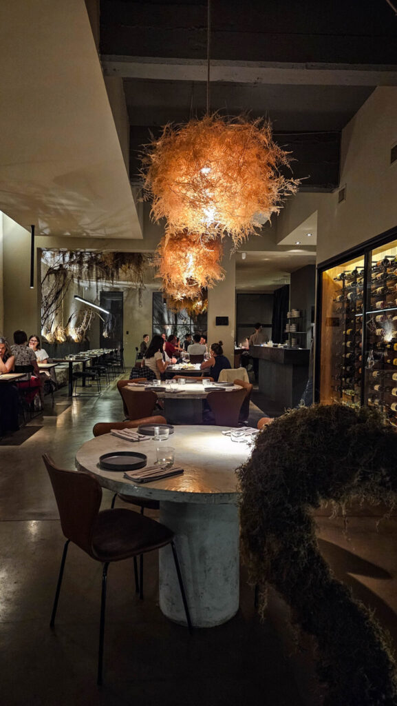 Interior do restaurante Musgo, em Buenos Aires, com ambiente contemporâneo e adega aparente.